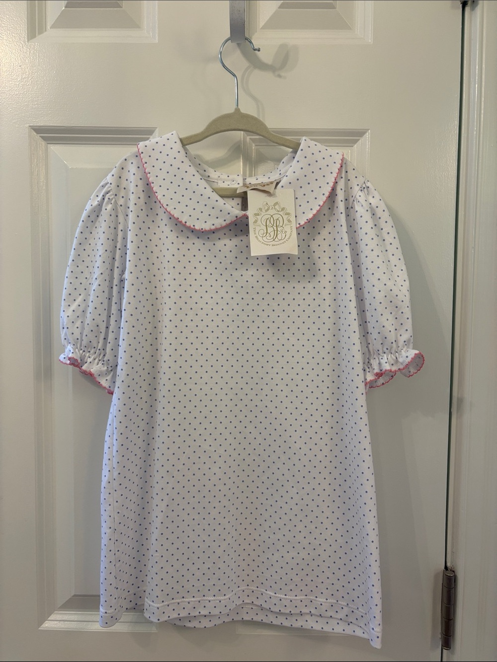 The Beaufort Bonnet Company White Nightgown with Navy Dot Print and Pink Trim